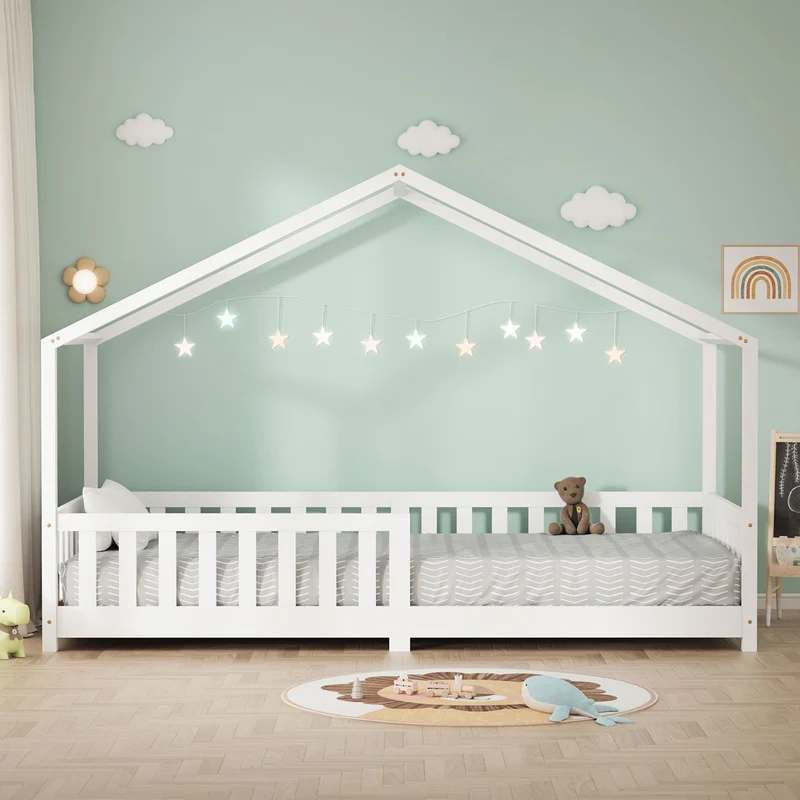 Kinderbett Hausbett 90x200 cm Weiß aus Kiefernholz Holzbett mit Rausfallschutz und Lattenrost ML-Design