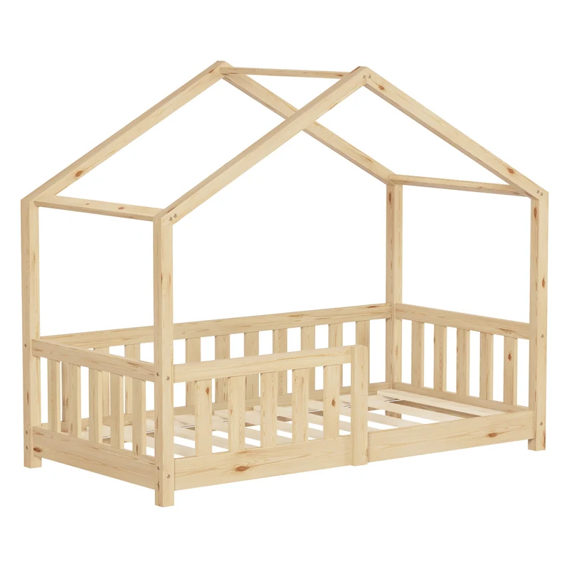 Kinderbett Hausbett 70x140 cm Natur aus Kiefernholz Holzbett mit Rausfallschutz und Lattenrost ML-Design