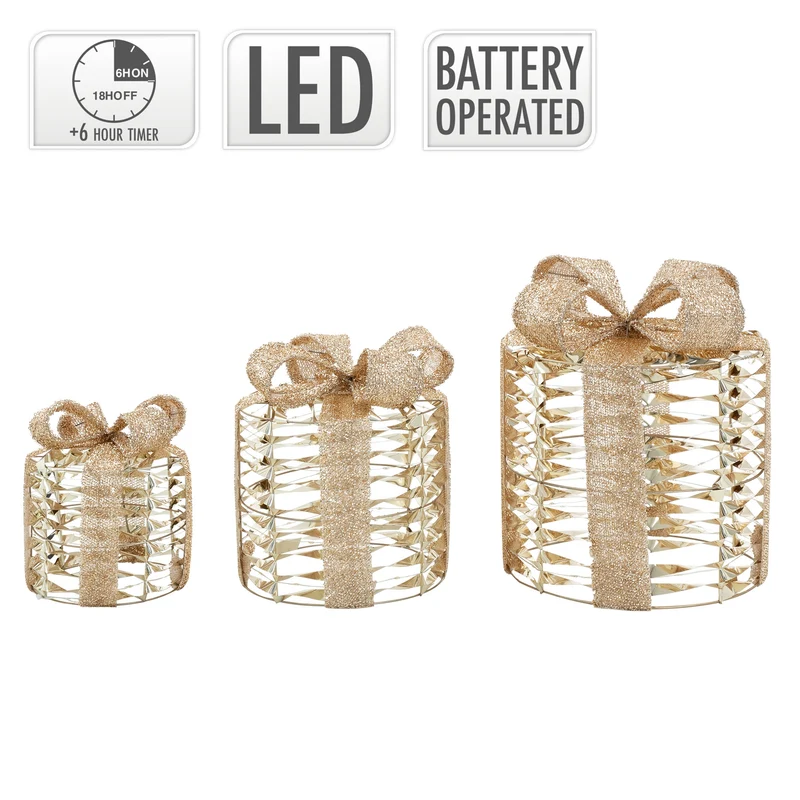 3er Set LED Weihnachtsgeschenkboxen Gold Warmweiß batteriebetrieben mit Timer
