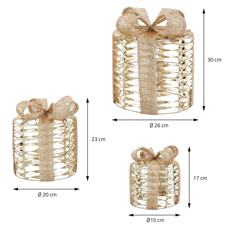 3er Set LED Weihnachtsgeschenkboxen Gold Warmweiß batteriebetrieben mit Timer