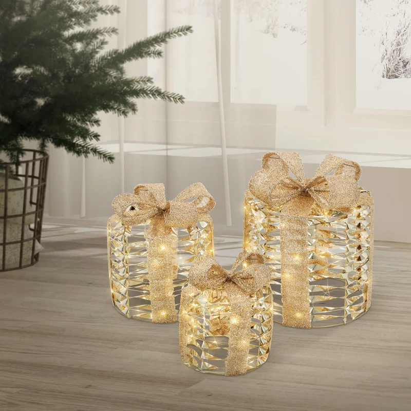 3er Set LED Weihnachtsgeschenkboxen Gold Warmweiß batteriebetrieben mit Timer