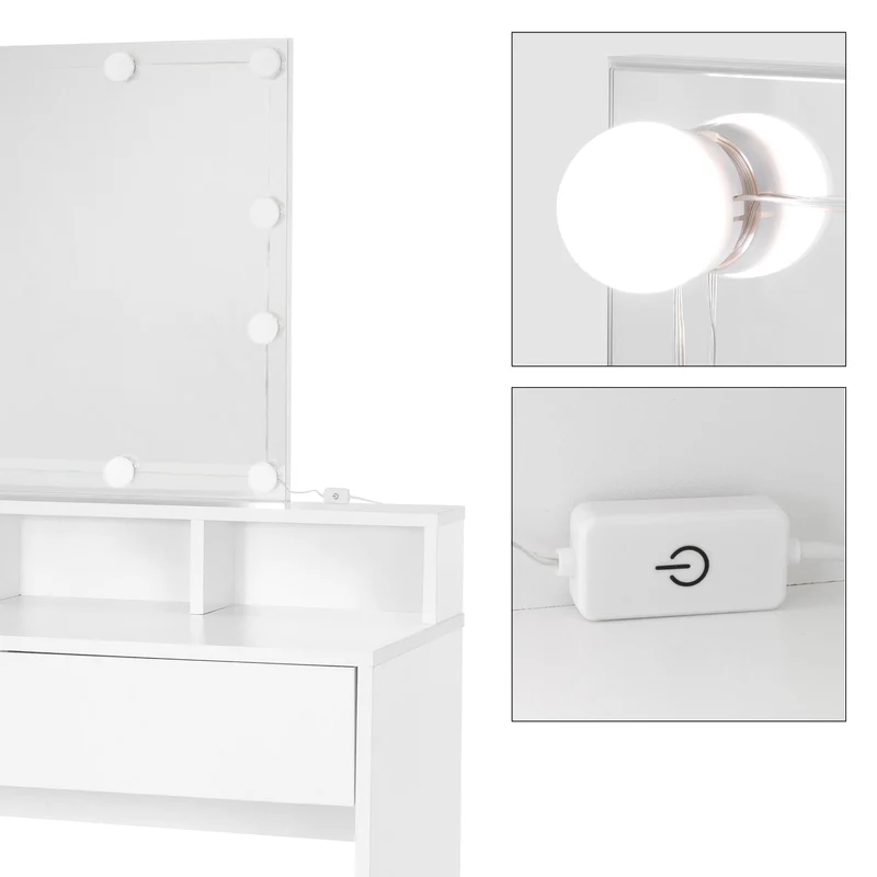 Schminktisch Frisiertisch 80x40x140 cm in Weiß mit LED-Beleuchtung, Spiegel, 2 Schubladen & 3 Fächer ML-Design
