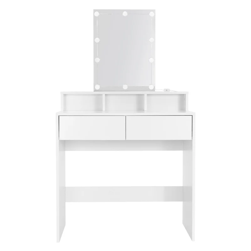 Schminktisch Frisiertisch 80x40x140 cm in Weiß mit LED-Beleuchtung, Spiegel, 2 Schubladen & Hocker ML-Design
