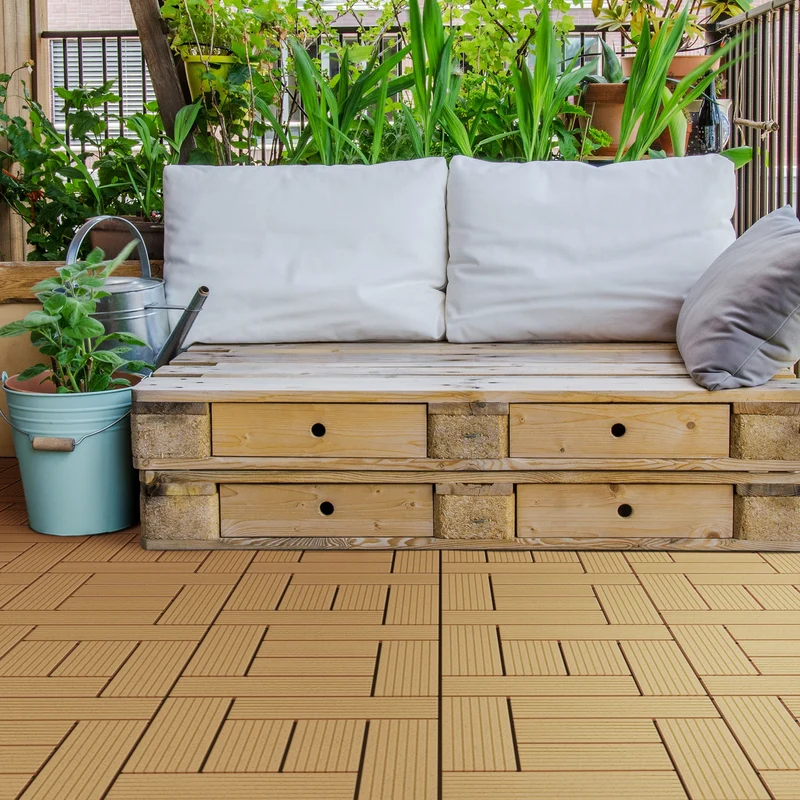 WPC Terrassenfliesen 30x30 cm 11er Set für 1m² Teak in Holzoptik Mosaik mit Drainage und Klicksystem