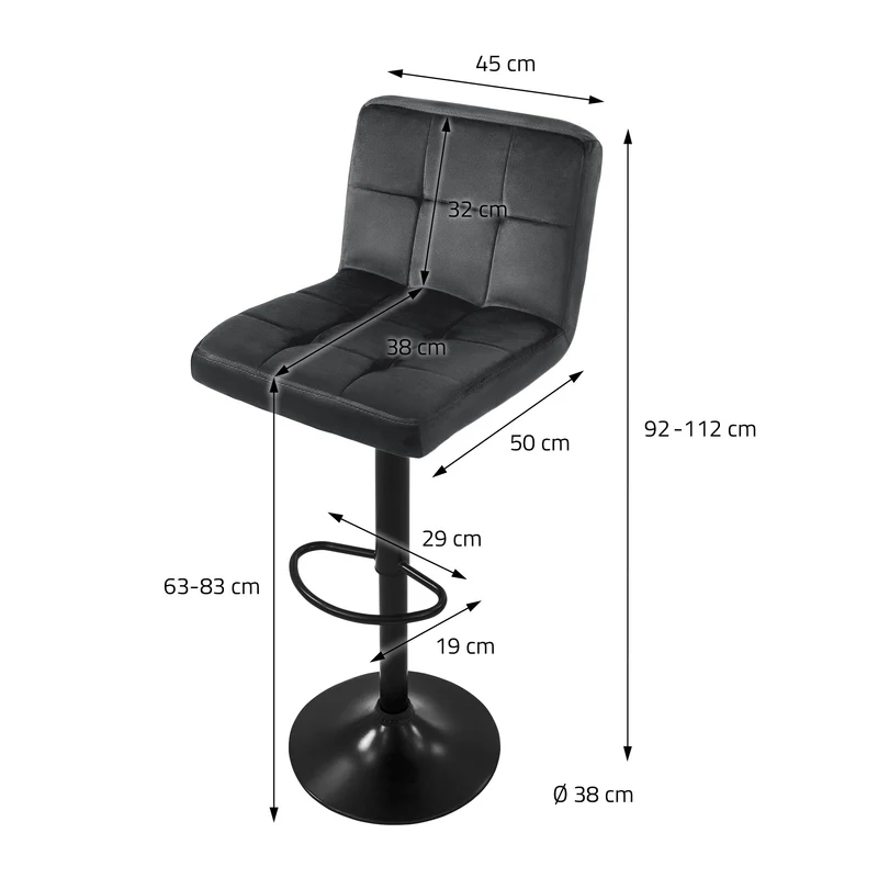 Barhocker 4er Set Grau Samtbezug mit Rückenlehne und Fußstütze höhenverstellbar 63-83cm ML-Design