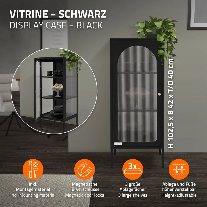 Vitrinenschrank mit Scheibe 42x102,5x40 cm Vitrine mit 2 Einlegeböden Schwarz aus Stahl ML-Design