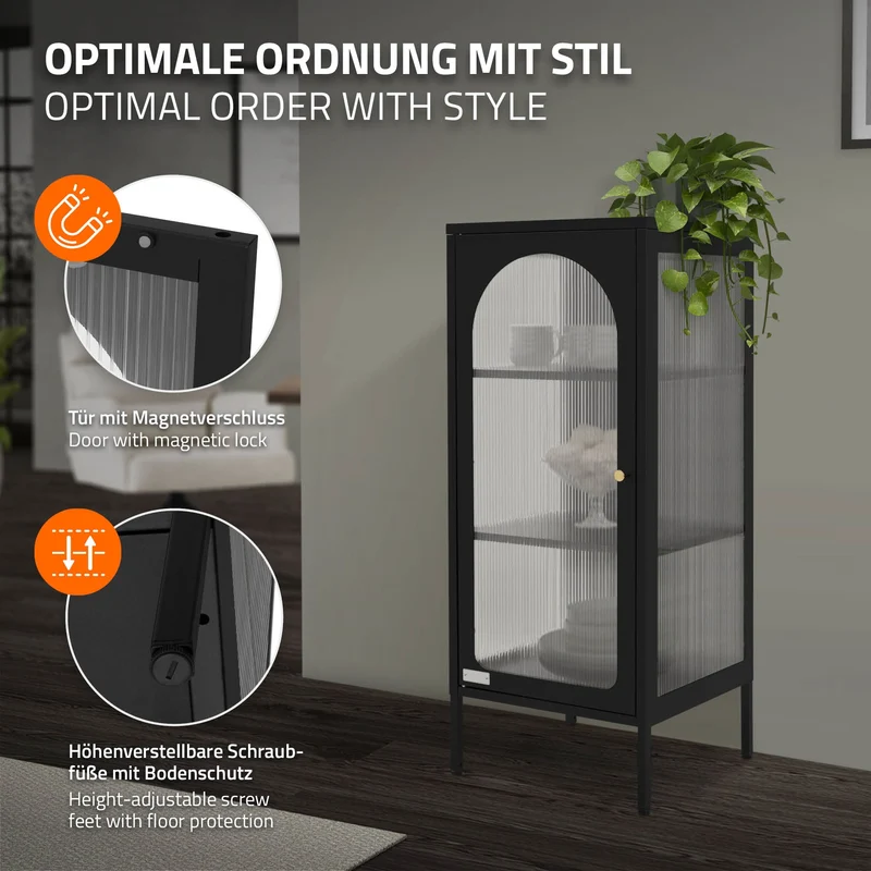 Vitrinenschrank mit Scheibe 42x102,5x40 cm Vitrine mit 2 Einlegeböden Schwarz aus Stahl ML-Design