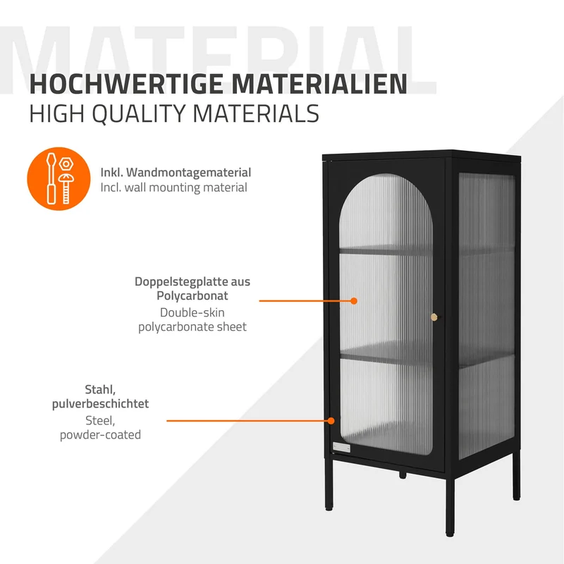 Vitrinenschrank mit Scheibe 42x102,5x40 cm Vitrine mit 2 Einlegeböden Schwarz aus Stahl ML-Design