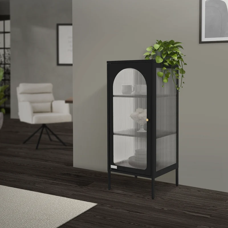 Vitrinenschrank mit Scheibe 42x102,5x40 cm Vitrine mit 2 Einlegeböden Schwarz aus Stahl ML-Design