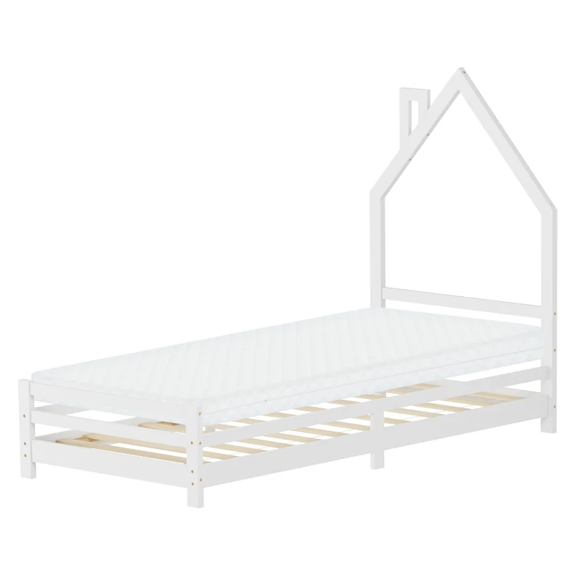 Kinderbett Haus 90x200 cm Weiß mit Matratze H:10cm Holzbett für Kinder mit Lattenrost Schornstein Design ML-Design