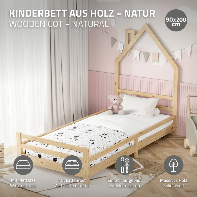 Kinderbett Haus 90x200 cm Natur mit Matratze H:10cm Holzbett für Kinder mit Lattenrost Schornstein Design ML-Design