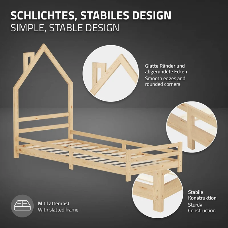 Kinderbett Haus 90x200 cm Natur mit Matratze H:10cm Holzbett für Kinder mit Lattenrost Schornstein Design ML-Design