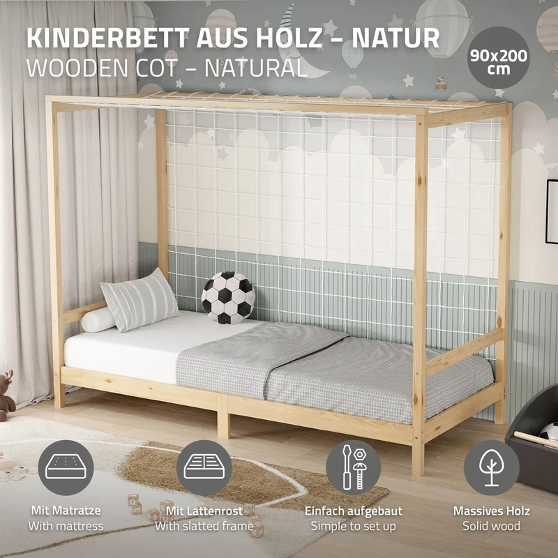 Kinderbett Fußballtor 90x200 cm Natur aus Kiefernholz mit Matratze H-10cm Handballtor mit Lattenrost & Tornetz ML-Design
