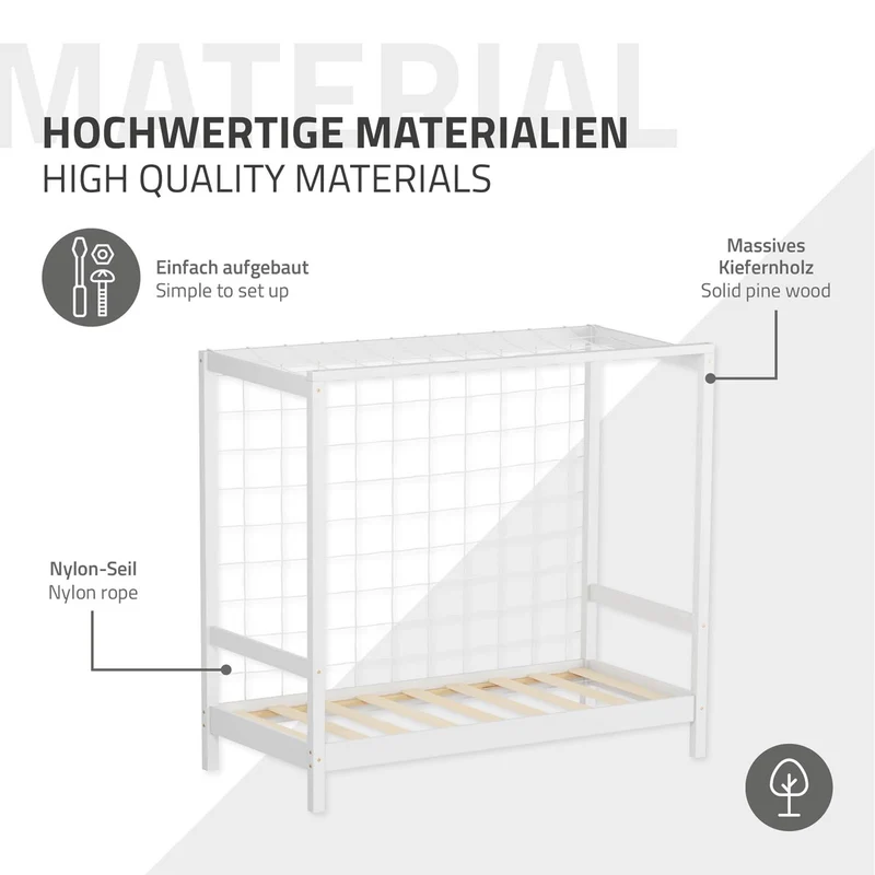 Kinderbett Fußballtor 70x140 cm Weiß aus Kiefernholz mit Matratze H-10cm Handballtor mit Lattenrost & Tornetz ML-Design