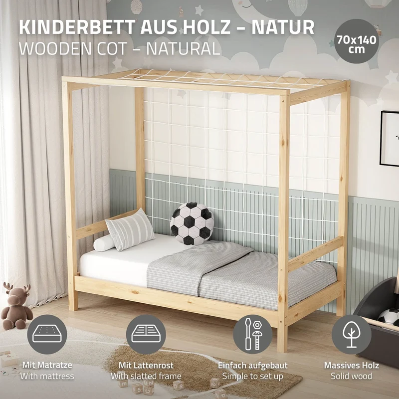 Kinderbett Fußballtor 70x140 cm Natur aus Kiefernholz mit Matratze H-10cm Handballtor mit Lattenrost & Tornetz ML-Design