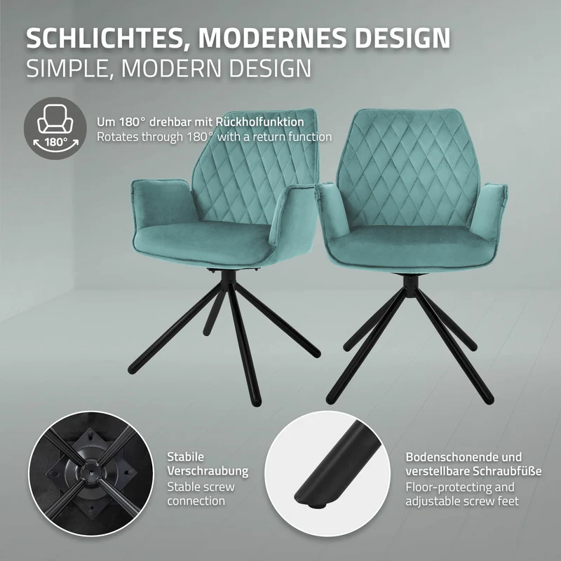 Esszimmerstuhl drehbar mit Rücken- und Armlehnen Salbei Küchenstuhl mit Microfaser-Samtbezug ML-Design