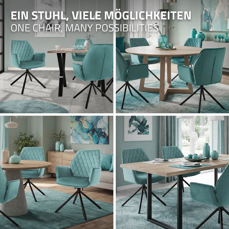 Esszimmerstuhl 2er Set drehbar mit Rücken- und Armlehnen Salbei Küchenstuhl mit Microfaser-Samtbezug ML-Design