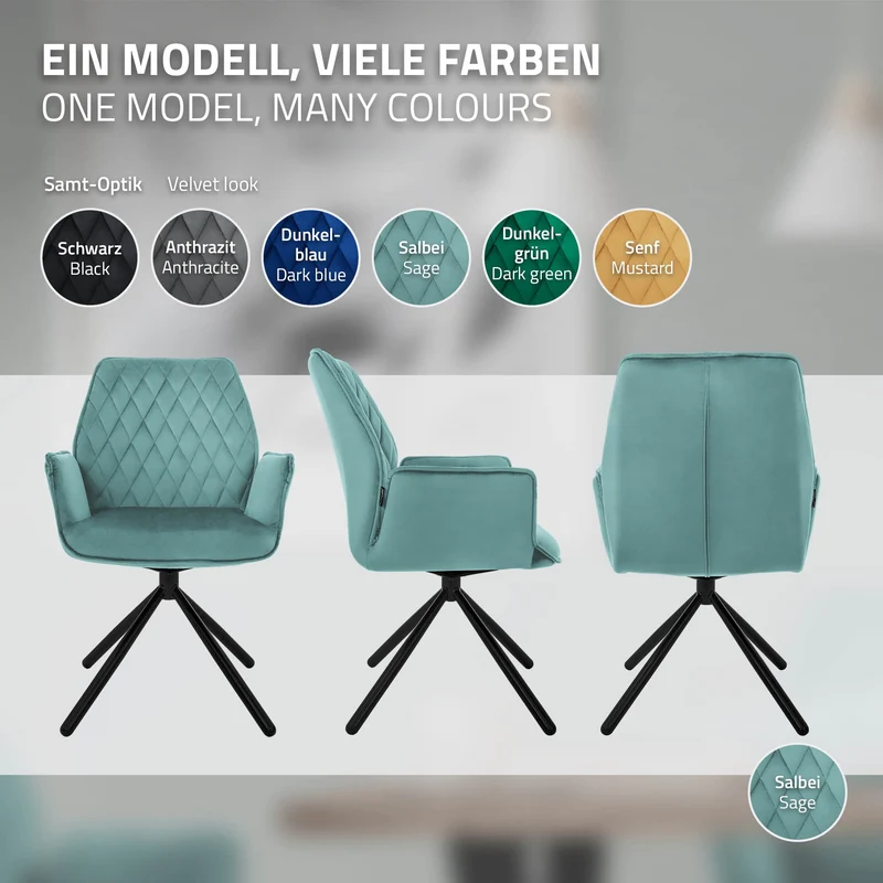 Esszimmerstuhl 2er Set drehbar mit Rücken- und Armlehnen Salbei Küchenstuhl mit Microfaser-Samtbezug ML-Design
