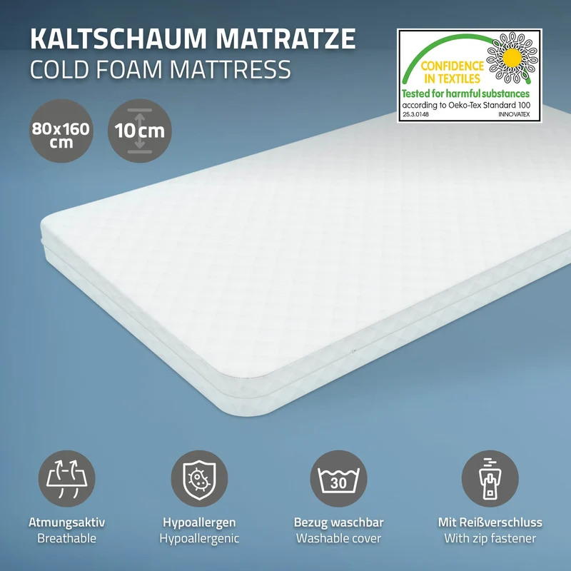 Kindermatratze 80x160x11 cm aus Polyester Oeko-Tex 100 ML-Design