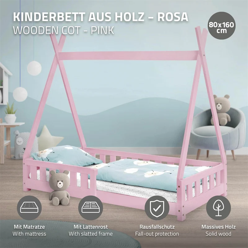 Kinderbett Tipi 80x160 cm Rosa aus Kiefernholz inkl. Matratze H-10cm Rausfallschutz und Lattenrost ML-Design