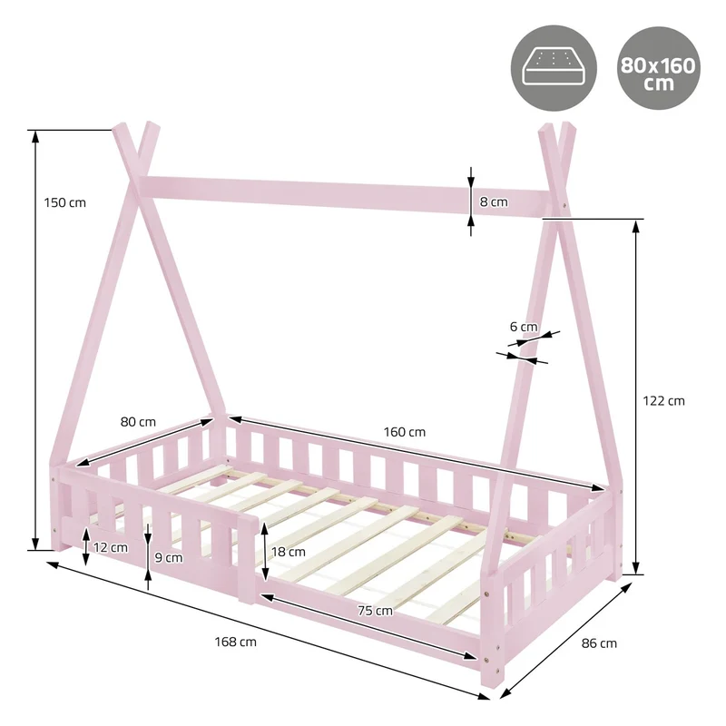 Kinderbett Tipi 80x160 cm Rosa aus Kiefernholz inkl. Matratze H-10cm Rausfallschutz und Lattenrost ML-Design