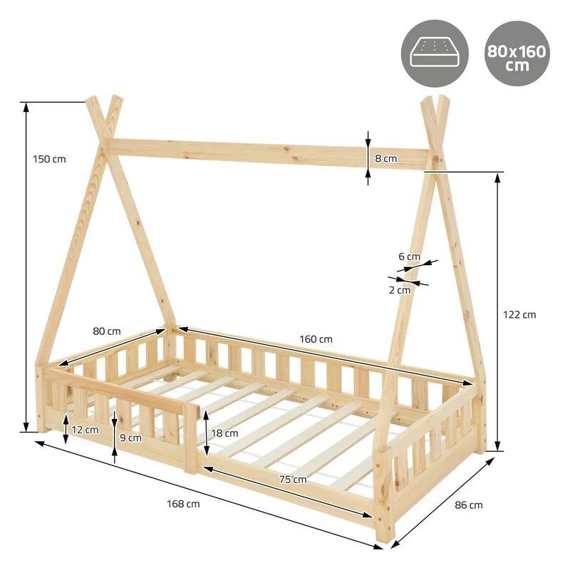 Kinderbett Tipi 80x160 cm aus Kiefernholz inkl. Matratze H-10cm Rausfallschutz und Lattenrost ML-Design