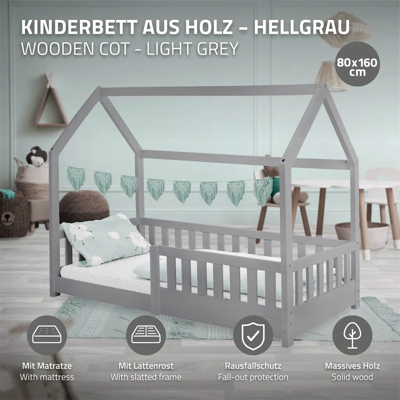 Kinderbett Hausbett 80x160 cm Hellgrau aus Kiefernholz inkl. Matratze H-10cm Rausfallschutz Dach und Lattenrost ML-Design