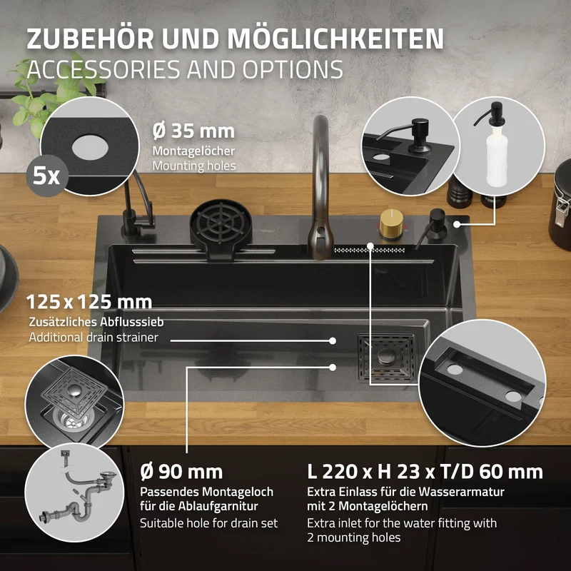 Einbauspüle mit Wasserhahn Komplett Set 8-teilig Anthrazit 75x46 cm aus Edelstahl ML-Design