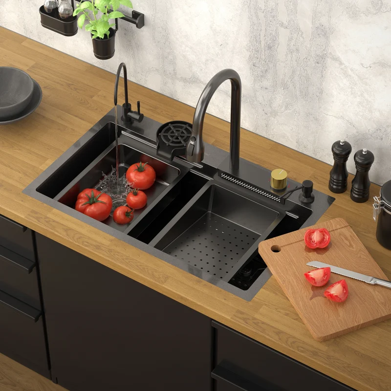 Einbauspüle mit Wasserhahn Komplett Set 8-teilig Anthrazit 75x46 cm aus Edelstahl ML-Design