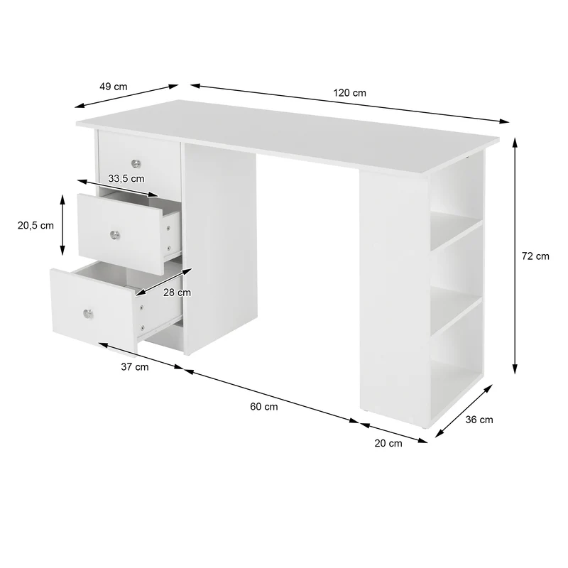 Schreibtisch mit drei Schubladen und Aufbewahrungsregale 120x49x72 cm Weiß ML-Design