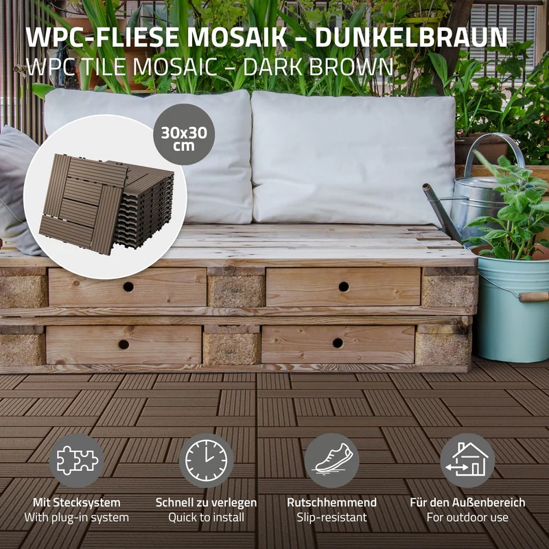 WPC Terrassenfliesen 30x30 cm 55er Set für 5m² Dunkelbraun in Holzoptik Mosaik mit Drainage und Klicksystem