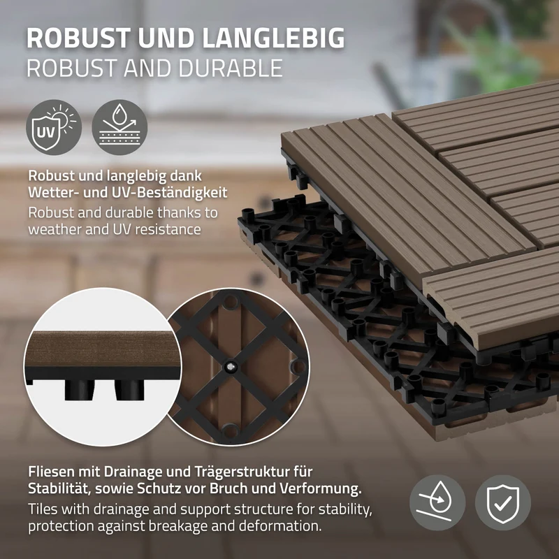 WPC Terrassenfliesen 30x30 cm 55er Set für 5m² Dunkelbraun in Holzoptik Mosaik mit Drainage und Klicksystem