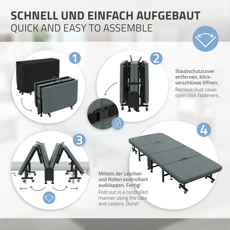 Klappbares Gästebett 90x200 cm mit Matratze, rollbar, für Kinder & Erwachsene bis 200kg belastbar