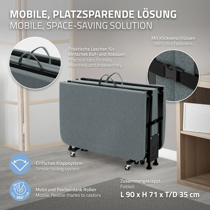 Klappbares Gästebett 90x200 cm mit Matratze, rollbar, für Kinder & Erwachsene bis 200kg belastbar