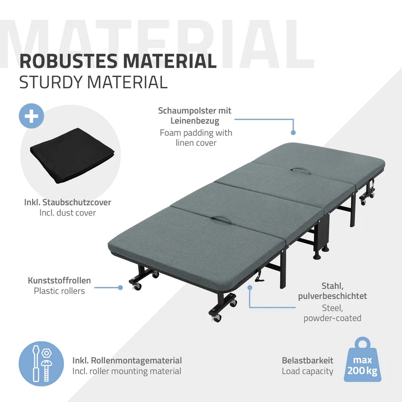 Klappbares Gästebett 90x200 cm mit Matratze, rollbar, für Kinder & Erwachsene bis 200kg belastbar