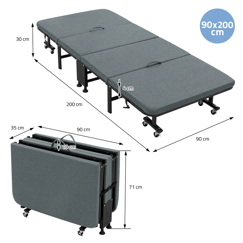 Klappbares Gästebett 90x200 cm mit Matratze, rollbar, für Kinder & Erwachsene bis 200kg belastbar