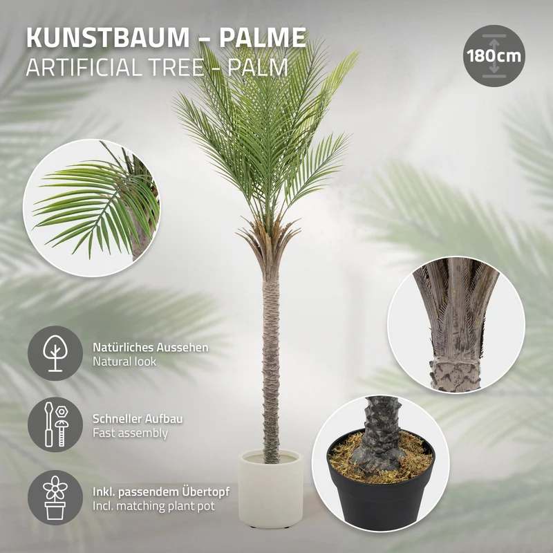 Künstliche Palme 180 cm Tropische Kunstpalme im Topf ML-Design