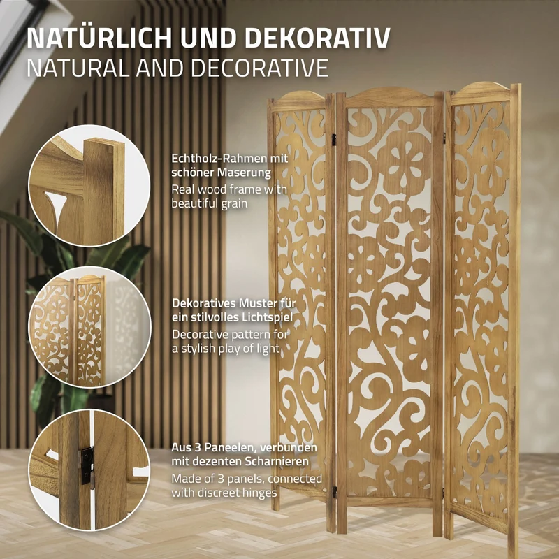 Paravent 3 teilig 170x121 cm Raumteiler faltbar aus Holz Yokohama ML-Design