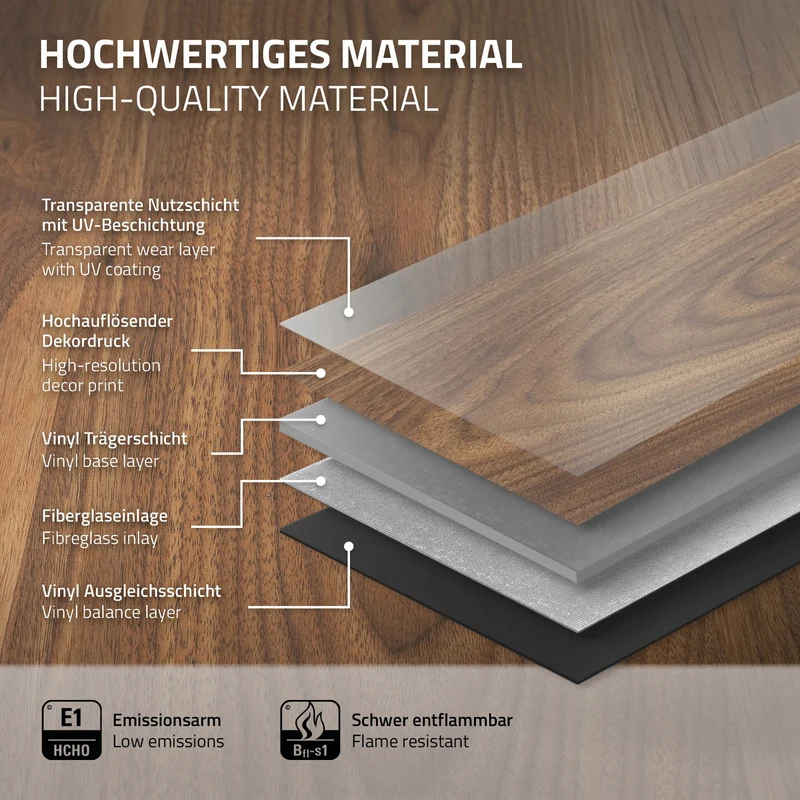 5er Set PVC Vinylboden Bodenbelag 7 Dielen 4,2mm für 1,54m² mit Klick-System Eiche Outtrigger ML-Design