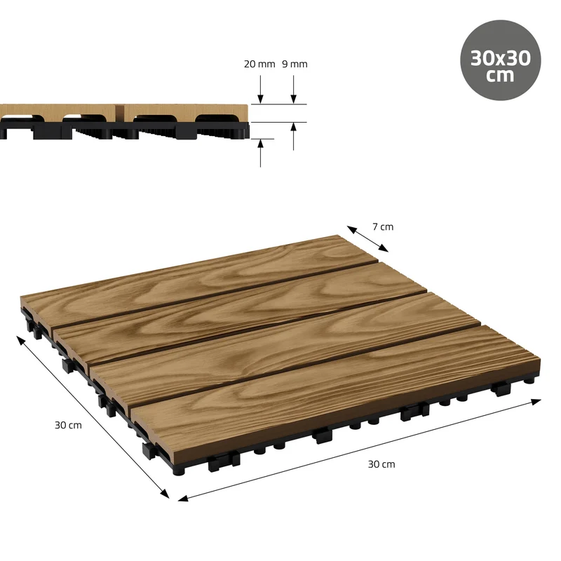 WPC Terrassenfliesen 30x30 cm 11er Spar Set für 1m² Teak in Holzoptik Bodenbelag mit Drainage und Klicksystem