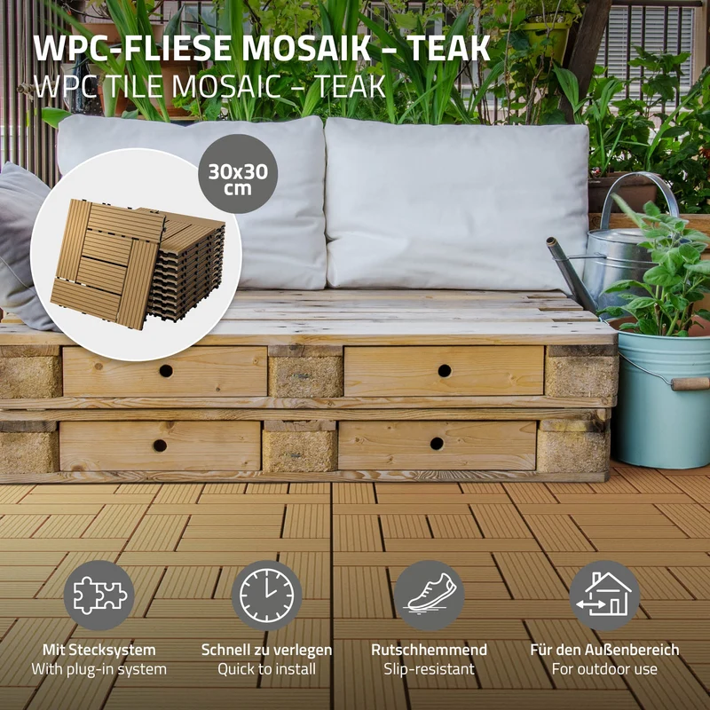 WPC Terrassenfliesen 30x30 cm 44er Set für 4m² Teak in Holzoptik Mosaik mit Drainage und Klicksystem