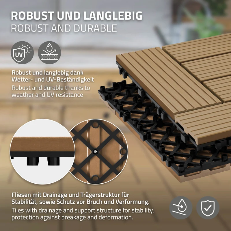 WPC Terrassenfliesen 30x30 cm 44er Set für 4m² Teak in Holzoptik Mosaik mit Drainage und Klicksystem