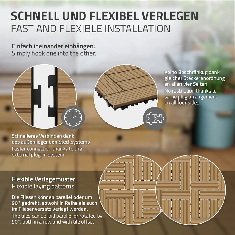 WPC Terrassenfliesen 30x30 cm 44er Set für 4m² Teak in Holzoptik Mosaik mit Drainage und Klicksystem