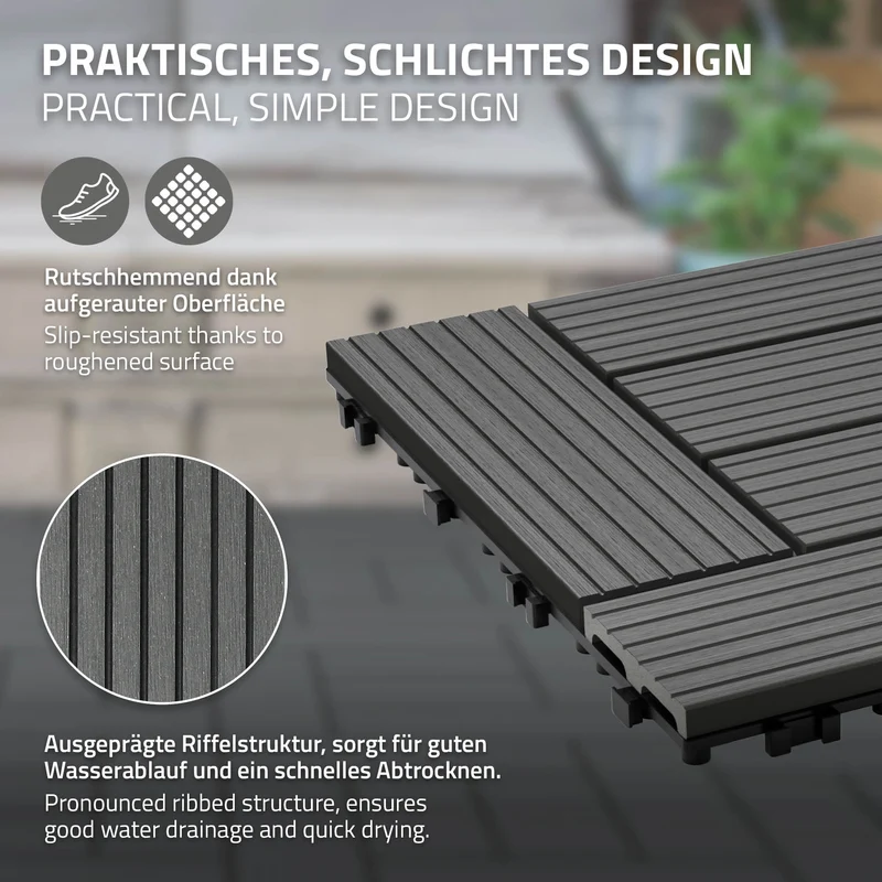 WPC Terrassenfliesen 30x30 cm 44er Set für 4m² Anthrazit in Holzoptik Mosaik mit Drainage und Klicksystem