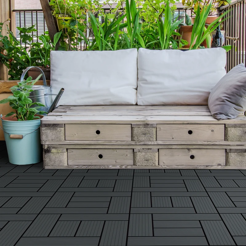 WPC Terrassenfliesen 30x30 cm 44er Set für 4m² Anthrazit in Holzoptik Mosaik mit Drainage und Klicksystem