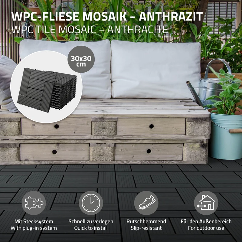 WPC Terrassenfliesen 30x30 cm 33er Set für 3m² Anthrazit in Holzoptik Mosaik mit Drainage und Klicksystem