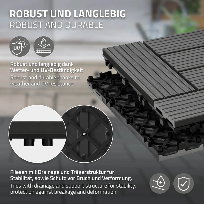 WPC Terrassenfliesen 30x30 cm 33er Set für 3m² Anthrazit in Holzoptik Mosaik mit Drainage und Klicksystem