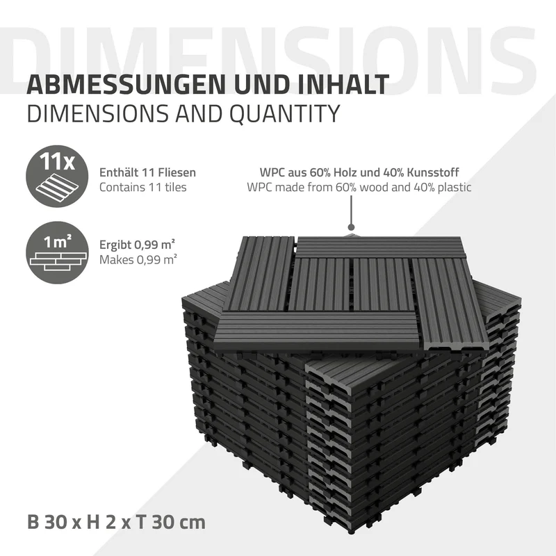 WPC Terrassenfliesen 30x30 cm 22er Set für 2m² Anthrazit in Holzoptik Mosaik mit Drainage und Klicksystem