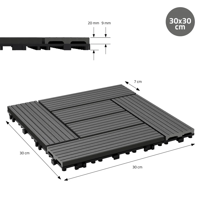 WPC Terrassenfliesen 30x30 cm 22er Set für 2m² Anthrazit in Holzoptik Mosaik mit Drainage und Klicksystem