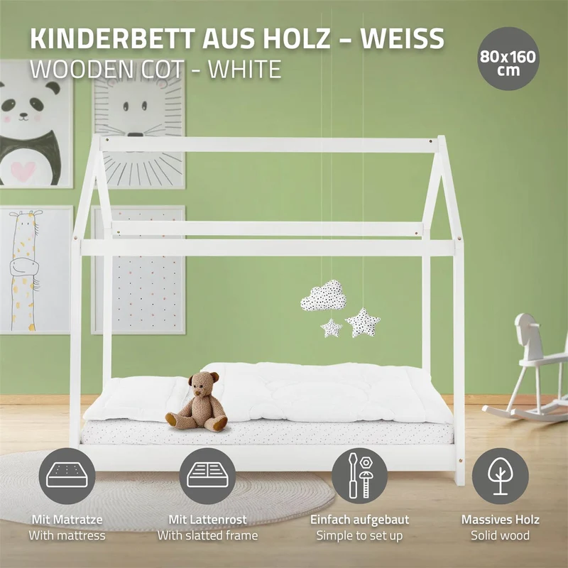 Kinderbett Hausbett 80x160 cm Weiß aus Kiefernholz inkl. Matratze H-10cm Holzbett mit Dach und Lattenrost ML-Design